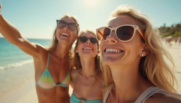 Friends enjoy a sunny day at the beach, smiling and laughing as they capture a fun moment together. The blue sky complements their joyful spirit and summer vibe. White sand. Generative AI.