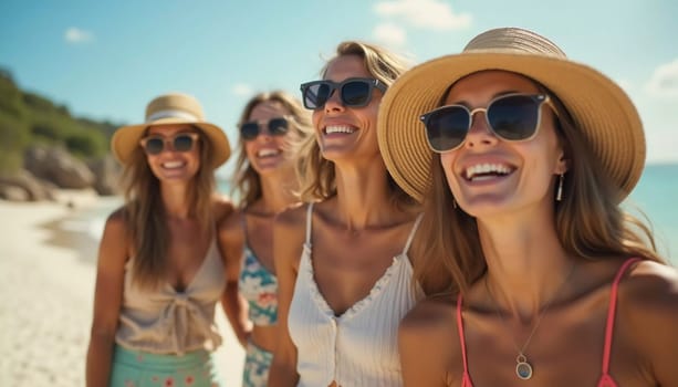 Friends enjoy a sunny day at the beach, smiling and laughing as they capture a fun moment together. The blue sky complements their joyful spirit and summer vibe. White sand. Generative AI.