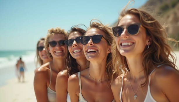 Friends enjoy a sunny day at the beach, smiling and laughing as they capture a fun moment together. The blue sky complements their joyful spirit and summer vibe. White sand. Generative AI.