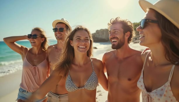Friends enjoy a sunny day at the beach, smiling and laughing as they capture a fun moment together. The blue sky complements their joyful spirit and summer vibe. White sand. Generative AI.