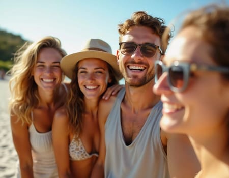 Friends enjoy a sunny day at the beach, smiling and laughing as they capture a fun moment together. The blue sky complements their joyful spirit and summer vibe. White sand. Generative AI.