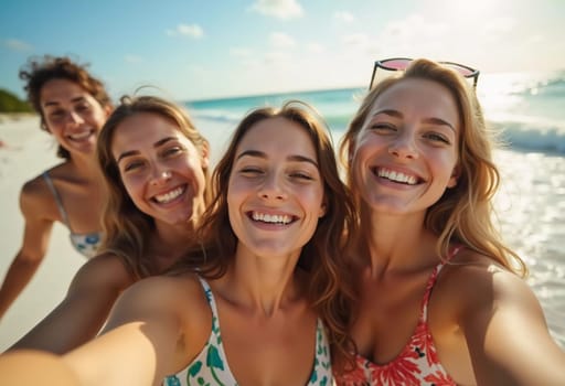 Friends enjoy a sunny day at the beach, smiling and laughing as they capture a fun moment together. The blue sky complements their joyful spirit and summer vibe. White sand. Generative AI.