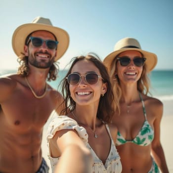 Friends enjoy a sunny day at the beach, smiling and laughing as they capture a fun moment together. The blue sky complements their joyful spirit and summer vibe. White sand. Generative AI.