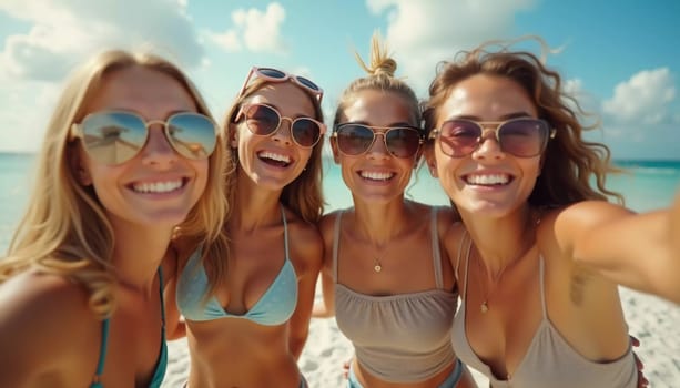 Friends enjoy a sunny day at the beach, smiling and laughing as they capture a fun moment together. The blue sky complements their joyful spirit and summer vibe. White sand. Generative AI.