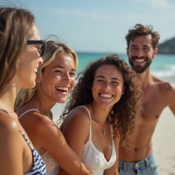 Friends enjoy a sunny day at the beach, smiling and laughing as they capture a fun moment together. The blue sky complements their joyful spirit and summer vibe. White sand. Generative AI.