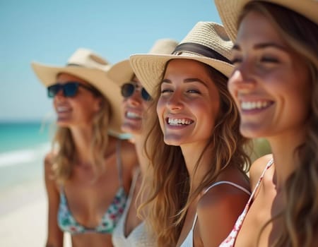 Friends enjoy a sunny day at the beach, smiling and laughing as they capture a fun moment together. The blue sky complements their joyful spirit and summer vibe. White sand. Generative AI.