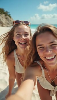 Friends enjoy a sunny day at the beach, smiling and laughing as they capture a fun moment together. The blue sky complements their joyful spirit and summer vibe. White sand. Generative AI.