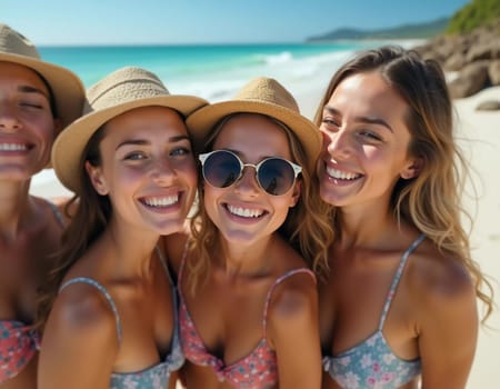 Friends enjoy a sunny day at the beach, smiling and laughing as they capture a fun moment together. The blue sky complements their joyful spirit and summer vibe. White sand. Generative AI.