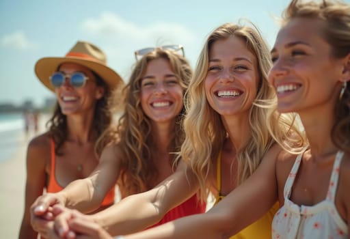 Friends enjoy a sunny day at the beach, smiling and laughing as they capture a fun moment together. The blue sky complements their joyful spirit and summer vibe. White sand. Generative AI.