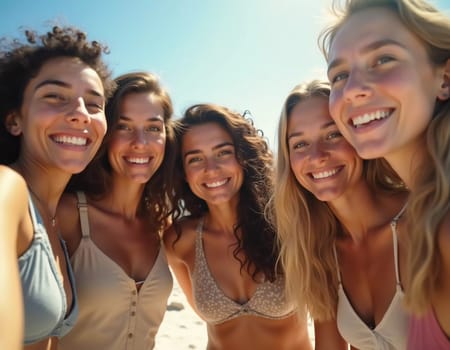 Friends enjoy a sunny day at the beach, smiling and laughing as they capture a fun moment together. The blue sky complements their joyful spirit and summer vibe. White sand. Generative AI.