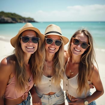 Friends enjoy a sunny day at the beach, smiling and laughing as they capture a fun moment together. The blue sky complements their joyful spirit and summer vibe. White sand. Generative AI.