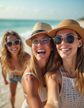 Friends enjoy a sunny day at the beach, smiling and laughing as they capture a fun moment together. The blue sky complements their joyful spirit and summer vibe. White sand. Generative AI.