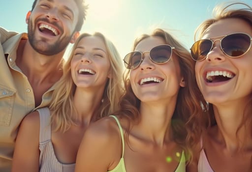 Friends enjoy a sunny day at the beach, smiling and laughing as they capture a fun moment together. The blue sky complements their joyful spirit and summer vibe. White sand. Generative AI.