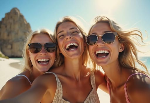 Friends enjoy a sunny day at the beach, smiling and laughing as they capture a fun moment together. The blue sky complements their joyful spirit and summer vibe. White sand. Generative AI.