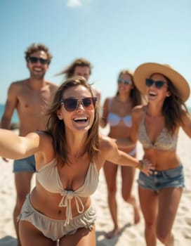 Friends enjoy a sunny day at the beach, smiling and laughing as they capture a fun moment together. The blue sky complements their joyful spirit and summer vibe. White sand. Generative AI.