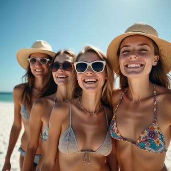 Friends enjoy a sunny day at the beach, smiling and laughing as they capture a fun moment together. The blue sky complements their joyful spirit and summer vibe. White sand. Generative AI.