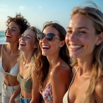 Friends enjoy a sunny day at the beach, smiling and laughing as they capture a fun moment together. The blue sky complements their joyful spirit and summer vibe. White sand. Generative AI.