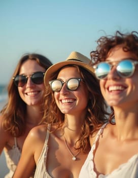 Friends enjoy a sunny day at the beach, smiling and laughing as they capture a fun moment together. The blue sky complements their joyful spirit and summer vibe. White sand. Generative AI.