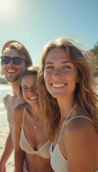 Friends enjoy a sunny day at the beach, smiling and laughing as they capture a fun moment together. The blue sky complements their joyful spirit and summer vibe. White sand. Generative AI.