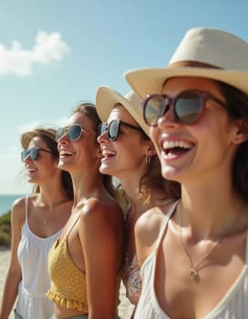 Friends enjoy a sunny day at the beach, smiling and laughing as they capture a fun moment together. The blue sky complements their joyful spirit and summer vibe. White sand. Generative AI.