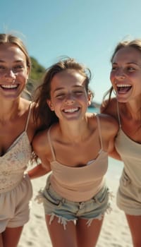 Friends enjoy a sunny day at the beach, smiling and laughing as they capture a fun moment together. The blue sky complements their joyful spirit and summer vibe. White sand. Generative AI.