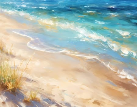 A stunning summer backdrop features a shore of soft sandy beach alongside a vibrant blue sea. Sunlight glitters on the water's surface, creating a serene atmosphere. Painted picture. Generative AI.