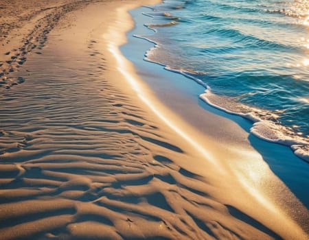 Waves gently lap against the sandy shore, creating beautiful patterns gleaming in the sunlight. This tranquil summer beach invites relaxation and enjoyment of nature's beauty. Generative AI.