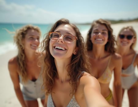 Friends enjoy a sunny day at the beach, smiling and laughing as they capture a fun moment together. The blue sky complements their joyful spirit and summer vibe. White sand. Generative AI.