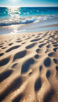 Waves gently lap against the sandy shore, creating beautiful patterns gleaming in the sunlight. This tranquil summer beach invites relaxation and enjoyment of nature's beauty. Generative AI.