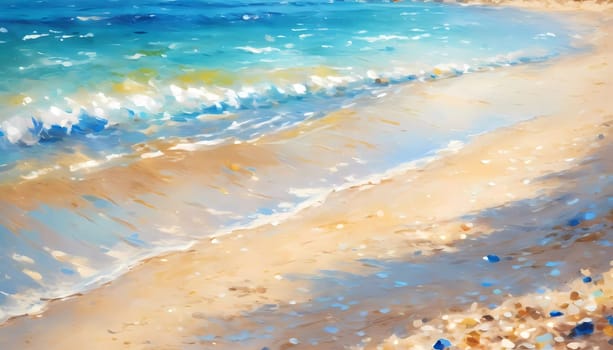 A stunning summer backdrop features a shore of soft sandy beach alongside a vibrant blue sea. Sunlight glitters on the water's surface, creating a serene atmosphere. Painted picture. Generative AI.