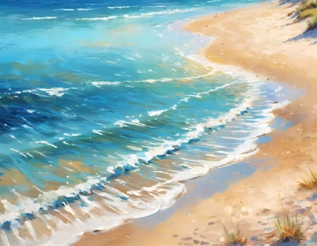 A stunning summer backdrop features a shore of soft sandy beach alongside a vibrant blue sea. Sunlight glitters on the water's surface, creating a serene atmosphere. Painted picture. Generative AI.