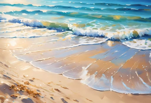 A stunning summer backdrop features a shore of soft sandy beach alongside a vibrant blue sea. Sunlight glitters on the water's surface, creating a serene atmosphere. Painted picture. Generative AI.