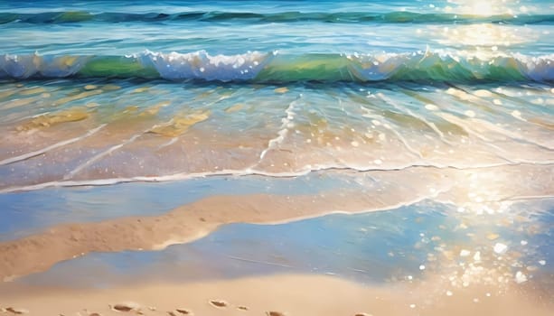 A stunning summer backdrop features a shore of soft sandy beach alongside a vibrant blue sea. Sunlight glitters on the water's surface, creating a serene atmosphere. Painted picture. Generative AI.