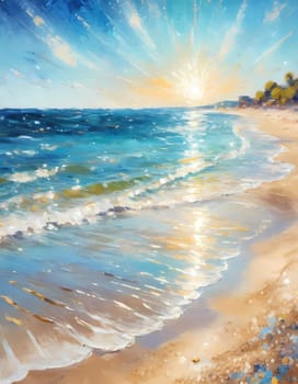 A stunning summer backdrop features a shore of soft sandy beach alongside a vibrant blue sea. Sunlight glitters on the water's surface, creating a serene atmosphere. Painted picture. Generative AI.