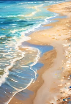A stunning summer backdrop features a shore of soft sandy beach alongside a vibrant blue sea. Sunlight glitters on the water's surface, creating a serene atmosphere. Painted picture. Generative AI.