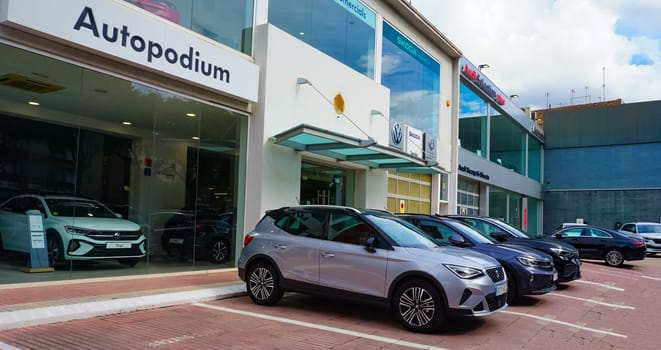 Lloret de mar, Spain - September 30, 2024:Company store building with an emblem of Skoda Auto. Skoda Auto is Czech automobile manufacturer.