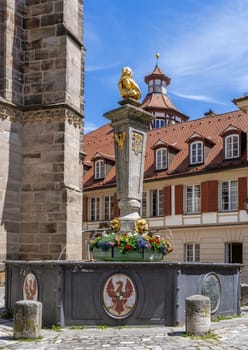 ANSBACH, GERMANY - JUNE 18: Sculpture of the Karl-Wilhelm-Friedrich-Brunnen (built 1746) in Ansbach, Germany on June 18, 2024.