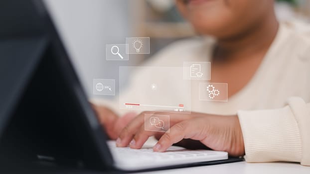 Concept of online education, Person use online education training and learning webinar on internet for personal development and professional qualifications, Digital courses to develop new skills.