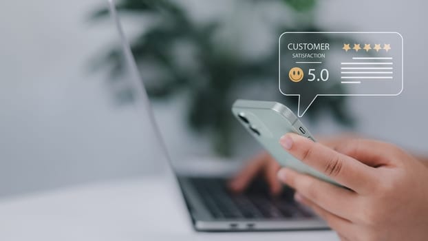 Satisfaction feedback review, Customer Satisfaction Survey concept, 5-star satisfaction, Service experience rating online application, customer evaluation product service quality, Good quality most.