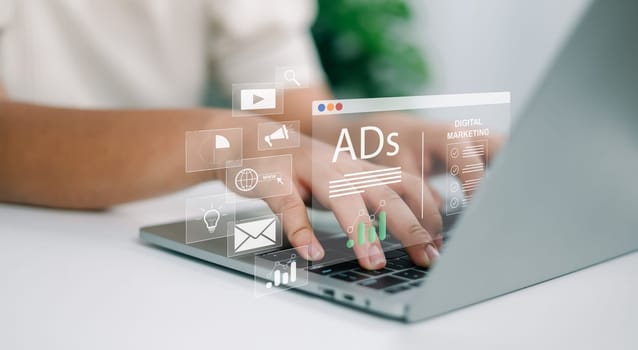 Woman using laptop and tablet with Ads dashboard digital marketing strategy analysis for branding, Online advertisement, Digital marketing concept, BAd on website and social media, SEO.