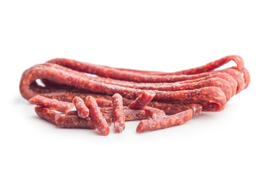 Smoked kabanos. Mini dried thin sausages isolated on a white background