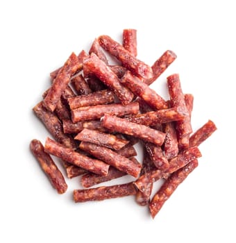 Smoked kabanos. Mini dried thin sausages isolated on a white background