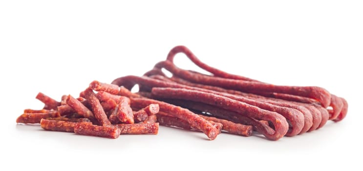 Smoked kabanos. Mini dried thin sausages isolated on a white background