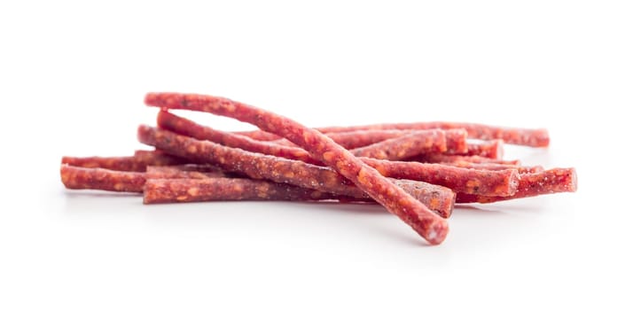 Smoked kabanos. Mini dried thin sausages isolated on a white background