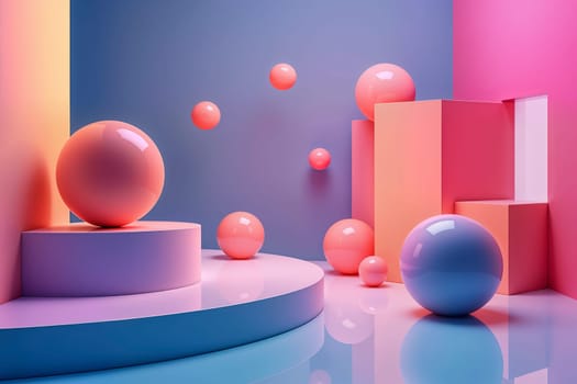 Abstract pastel-colored spheres and shapes arranged in a vibrant surreal composition with gradients and futuristic elements. Concept of minimalism, creativity, and artistic design