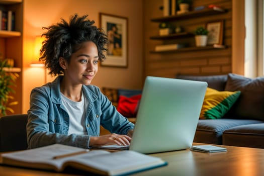 Young student studying online using a laptop, surrounded by study materials in a warm, modern home environment. A cozy and well-organized workspace reflecting hybrid learning and productivity
