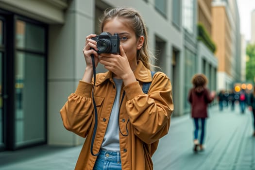 A young woman capturing a moment with a camera in a stylish urban setting. Blending retro 90s-inspired fashion with a contemporary aesthetic.