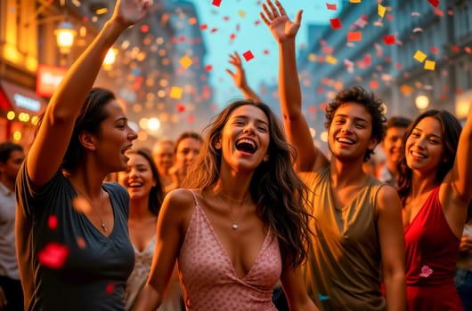 Group of young friends dancing under vibrant confetti in an urban evening. Their joyful expressions and the colorful festive setting capture a celebratory, energetic, and happy atmosphere.