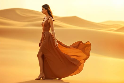 Fashion model in a flowing mocha gown walking in a sunlit desert. Shimmering satin fabric complements golden sand dunes. Elegance, nature, and high fashion.