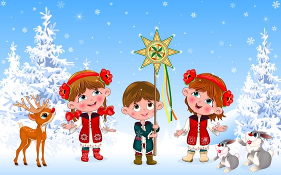 Little children in Ukrainian folk costumes caroling on Christmas Eve.